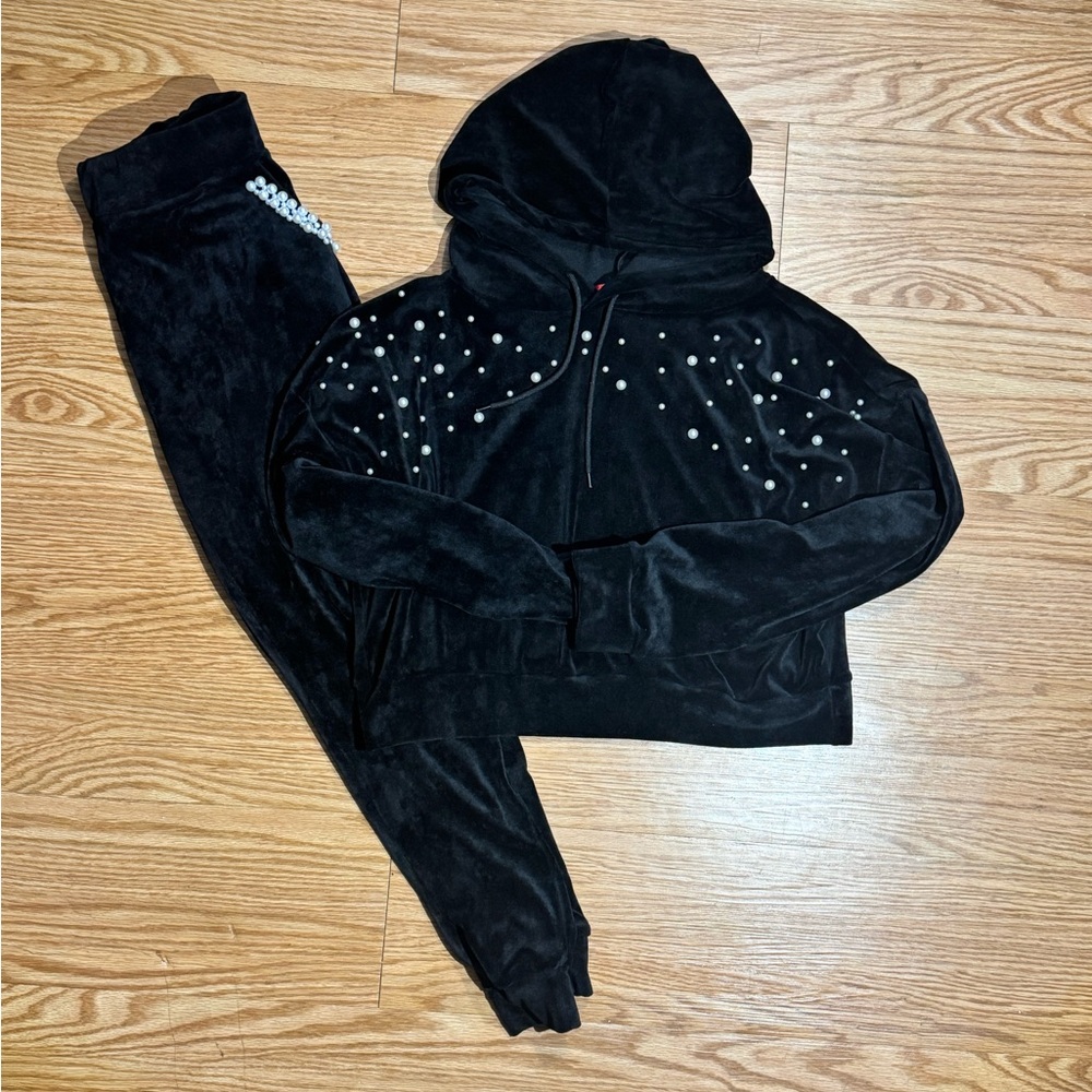 Black Velvet Pearl-Accent Hoodie & Jogger Set